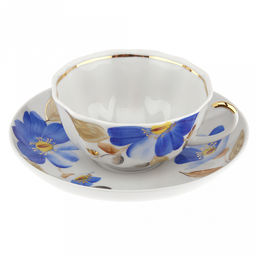 Чашка чайная фарфоровая Синий цветок 220мл, д9,5см, h5см, форма Тюльпан, с блюдцем д15см, тонкостенный фарфор (Россия)