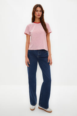 K?rm?z? Ekru Cizgili Kal?n Pamuklu Basic Regular/Normal Kal?p Orme T-Shirt TWOSS23TS00043