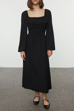 TRENDYOLMILLA Siyah Buzgu/Drape Detayl? Uzun Kollu Burumcuk/Dokulu Kumas Orme Elbise TWOAW25EL00117 фото 2