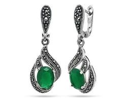Серьги из серебра зеленый агат, марказит, SL-AGA61