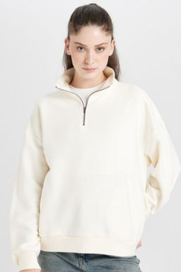 Oversize Genis Kal?p Fermuarl? Dik Yaka Cepli Basic Duz Kal?n Sweatshirt