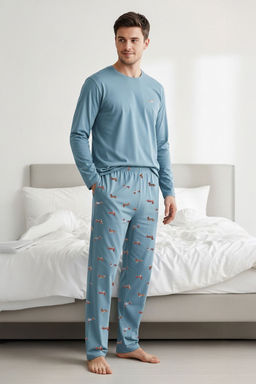 TRENDYOL MAN Siyah %100 Pamuk Regular Fit Hayvan Desenli Orme %100 Pamuk Pijama Tak?m? TMNAW23PT00157