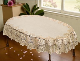 Скатерть арт. 202541/120/3, овал, 120 см х 160 см, цвет: кремово-золотистый