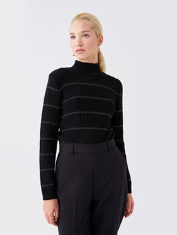 Yar?m Bal?k?? Yaka ?izgili Uzun Kollu Kad?n Triko Kazak