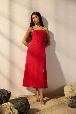 Trendyolmilla K?rm?z? Keten Kar?s?ml? A Kesim Maxi Dokuma Elbise TWOSS25EL00644  фото 7