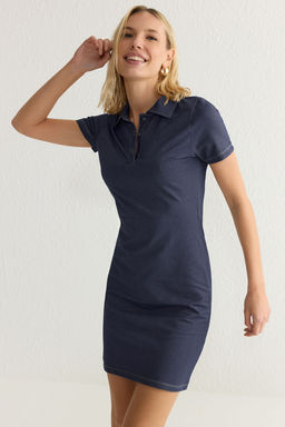 Indigo Bodycone/Vucuda Oturan Polo Yaka Mini Orme Elbise TWOSS25EL00068
