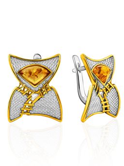 Оригинальные серьги из серебра с частичным золочением и янтаря Пэчворк