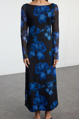 TRENDYOLMILLA Lacivert Cicekli S?rt Dekolteli Tul Kay?k Yaka Esnek Maxi Orme Elbise TWOAW25EL00223 фото 4