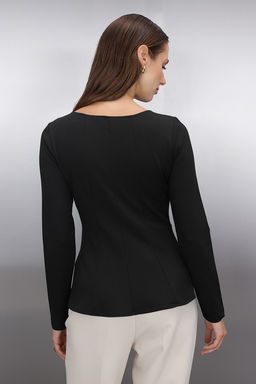 Siyah Kay?k Yaka Peplum/Belden Oturmal? Regular Boy Orme Bluz TWOAW26BZ00166 - Trendyolmilla фото 4