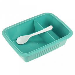 Ланч-бокс для продуктов пластмассовый Эко дом 20,5х15,5см h8,5см, 2 отделения 0,9л, с ложкой 13см, крышка прозрачная, с клипсами, с уплотнителем, цвета в ассортименте: бежевый, розовый, голубой (Китай) Пластик с добавлением пшеничных волокон. - Домашняя мода фото 3