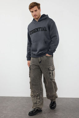 TRENDYOL MAN Antrasit Oversize/Genis Kesim Yaz? Nak?sl? Ici Polar/S?cak Tutan Kapusonlu Sweatshirt TMNAW25SW00180 - Trendyolmilla фото 6