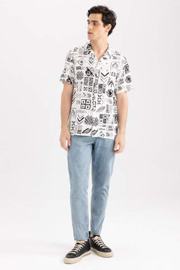 Хлопковая рубашка с коротким рукавом и принтом с вязаным крючком воротником обычного кроя - Defacto фото 6