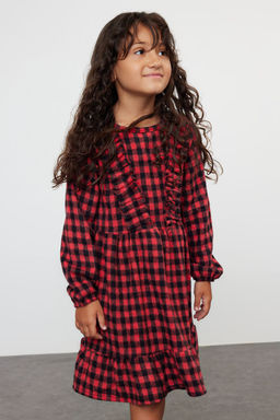 K?rm?z? K?z Cocuk Ekose / Kareli Regular Dokuma Elbise TKDAW25EL00004 - Trendyolmilla фото 2