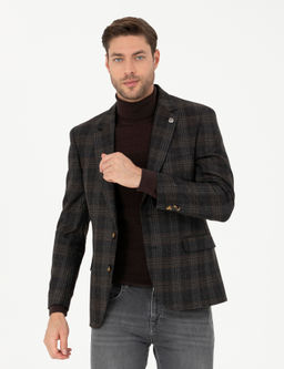 Kahverengi Slim Fit Y_n Ekose Ceket