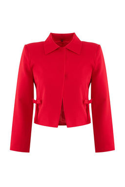 K?rm?z? Fiyonk/Kurdele Detayl? Gomlek Yakal? Crop Dokuma Blazer Ceket TWOAW25BC00018