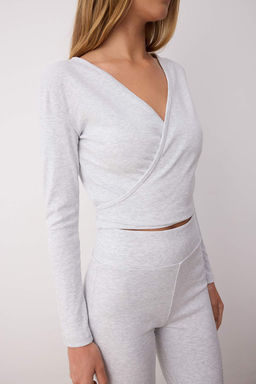 Gri Melanj Kruvaze Kapama Vucuda Oturan Uzun Kollu Esnek Orme Alt-Ust Tak?m TWOAW26AU00029