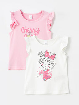 Bisiklet Yaka K?sa Kollu Bask?l? K?z Bebek Ti??rt 2li