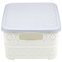 Домашняя мода Корзина пластмассовая для хранения Вышивка 26,5х19см h11,1см, матовый пластик, с серой крышкой, с ручками, ванильный (Китай)  фото 4