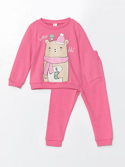 Bisiklet Yaka Bask?l? K?z Bebek Sweatshirt ve E?ofman Alt 2li Tak?m