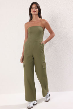 TRENDYOLMILLA Camel Kargo Cepli Straplez Yaka Maxi Dokuma Tulum TWOSS23TU00192