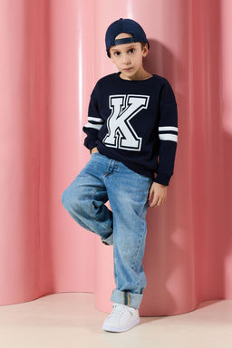 Lacivert*001 Erkek Cocuk Bask?l? Okul Pamuklu Orme Sweatshirt TKDAW25SW00014