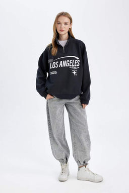 Толстовка из плотной ткани свободного покроя с полумолнией и принтом - Defacto фото 2