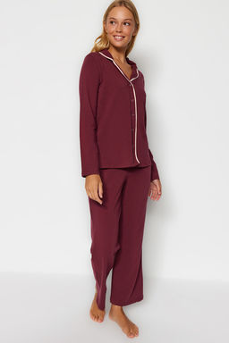 Trendyolmilla Koyu Ten Pamuklu Biye Detayl? Gomlek-Pantolon Orme Pijama Tak?m? THMAW24PT00025  фото 3