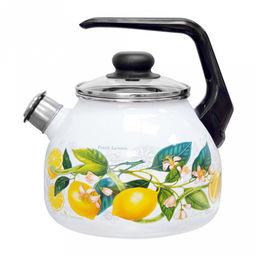 "Лимоны в цвету" Чайник эмалированный 3л, д20см, h16см, со свистком, сферическая форма, стеклянная крышка, белый (Россия)