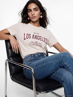 Bisiklet Yaka Los Angeles Bask?l? Kad?n Ti??rt