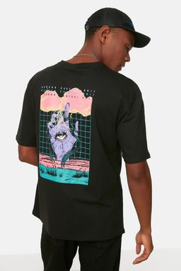 TRENDYOL MAN Siyah Oversize/Genis Kesim %100 Pamuklu Mistik Bask?l? T-Shirt TMNSS22TS0217