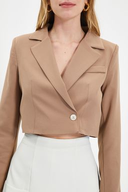 TRENDYOLMILLA Siyah Crop Astarl? Dokuma Blazer Ceket TWOAW22CE0086 фото 12