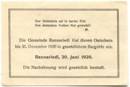 50 геллеров 1920 года Австрия Раннариедль (нотгельд)