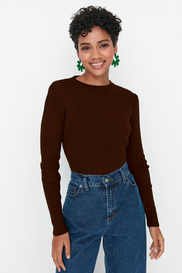 Kahverengi Basic Fitilli Triko Kazak TWOAW22KZ1708