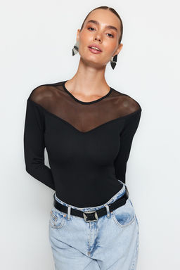 TRENDYOLMILLA Siyah Slim Tul Detayl? Kalp Yaka Alttan C?tc?tl? Fitilli Esnek Orme Body TWOAW24BD00019 фото 2