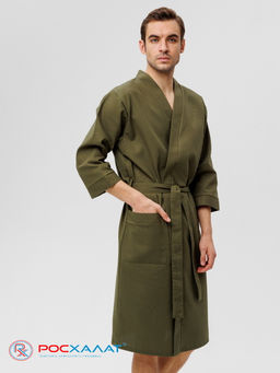 Мужской укороченный вафельный халат с планкой хаки В-05 (26)