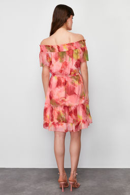 Pembe Cicekli Etegi Belden Ac?lan Gipe Detayl? Madonna Yaka Mini Dokuma Elbise TWOSS24EL00746 - Trendyolmilla фото 6