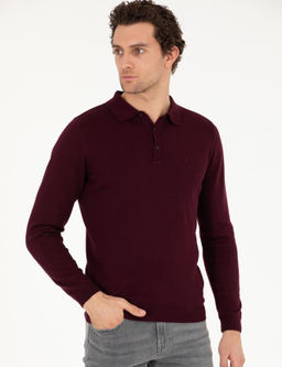 Бордово-красный базовый трикотажный свитер с воротником-поло приталенного кроя - Cacharel фото 3