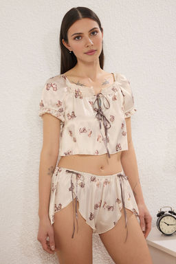 Trendyolmilla Cok Renkli Kedili Kurdele/Fiyonklu/Baglamal? Saten Sortlu Dokuma Pijama Tak?m? THMSS25PT00318 фото 2