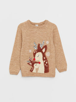 Bisiklet Yaka Desenli Uzun Kollu K?z ?ocuk Triko Kazak