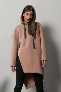 Туника трикотажная теплая с капюшоном из футера бежевая