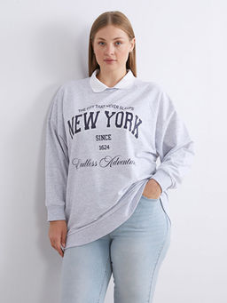 G?mlek Yaka Bask?l? Oversize Kad?n Sweatshirt Tunik