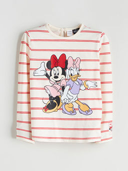 Bisiklet Yaka Minnie Mouse Bask?l? Uzun Kollu K?z ?ocuk Ti??rt