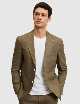 Haki Slim Fit %100 Keten Mikro Desen Mono Yaka Ceket