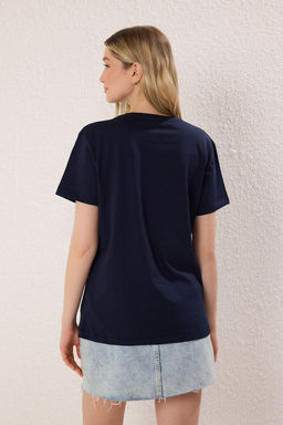 TRENDYOLMILLA Vizon Slogan Bask?l? Regular/Normal Kal?p Orme T-Shirt TWOSS25TS00191