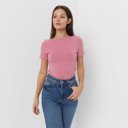 Футболка женская с вырезом лодочка MINAKU: Basic line, лиловая, размер 44