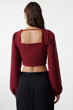 Bordo Crop Kalp Yaka Uzun Kollu Dokuma Bluz TWOSS21BZ0236 - Trendyolmilla фото 5