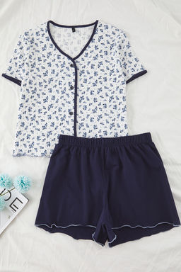 Trendyolmilla Lacivert-Beyaz Pamuklu Cicekli Biyeli Fitilli Orme Pijama Tak?m? THMSS25PT00432 фото 5