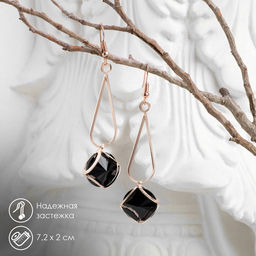 Серьги висячие со стразами Капля с ромбом, цвет чёрный в розовом золоте, 7.2 см