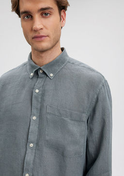 Gri Keten Gomlek - Mavi фото 5