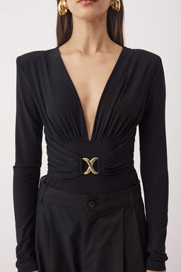 Siyah Duz V Yaka Uzun Orme Sandy Body TPRAW26BD00021 - Trendyolmilla фото 3